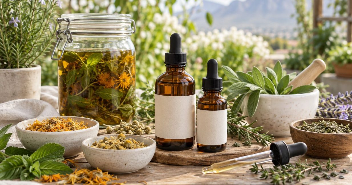 Amber herbal tincture bottles with fresh and dried botanicals on a natural workbench