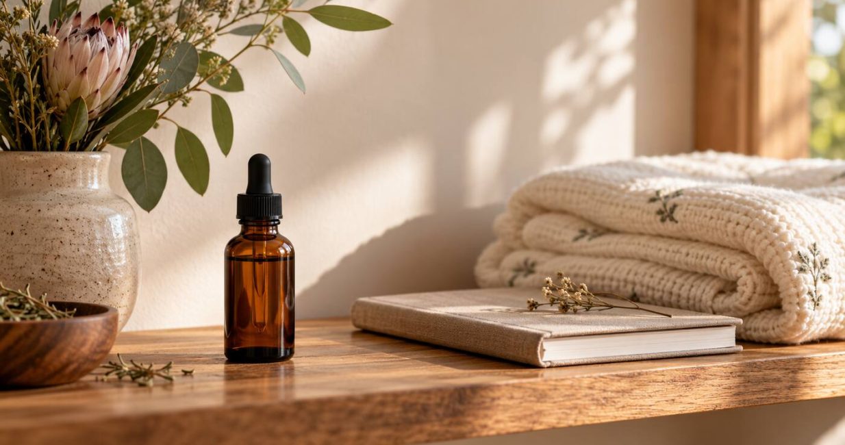 Amber herbal tincture bottle set apart from a folded baby blanket and closed notebook