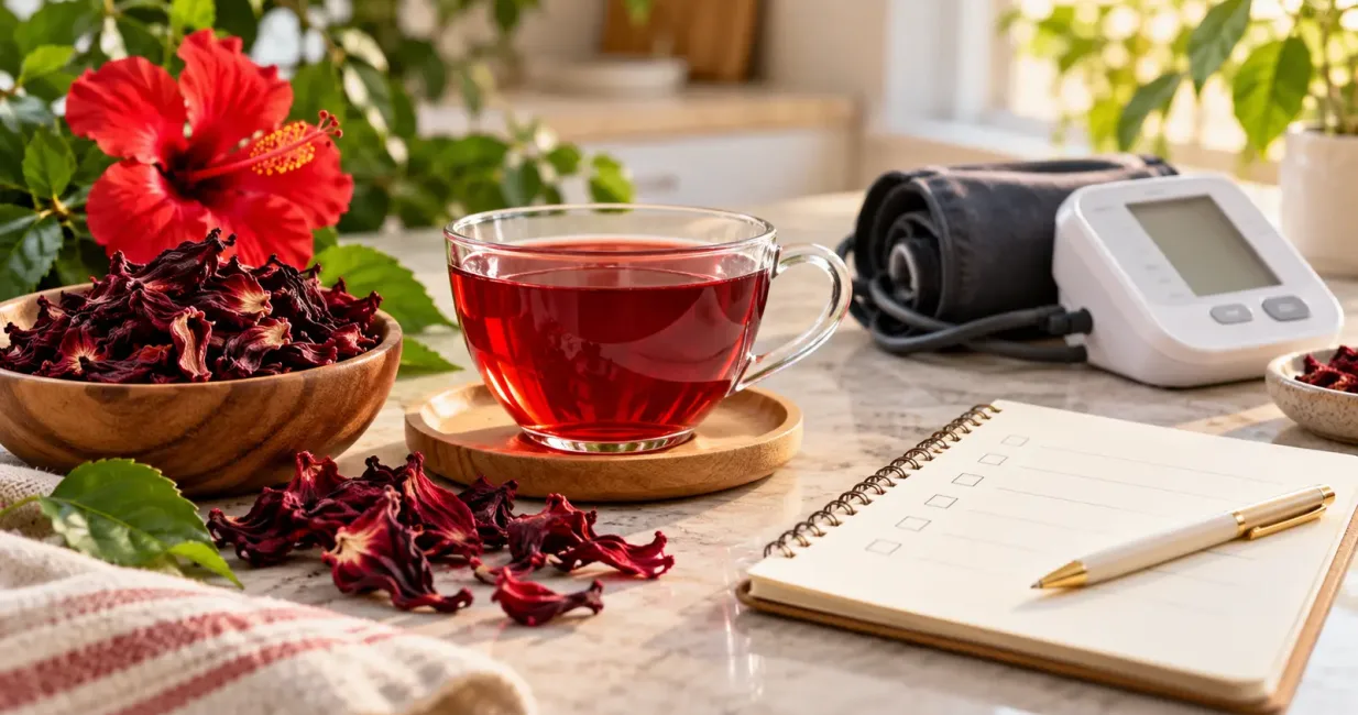 Ruby hibiscus tea, dried hibiscus and a home blood-pressure monitor