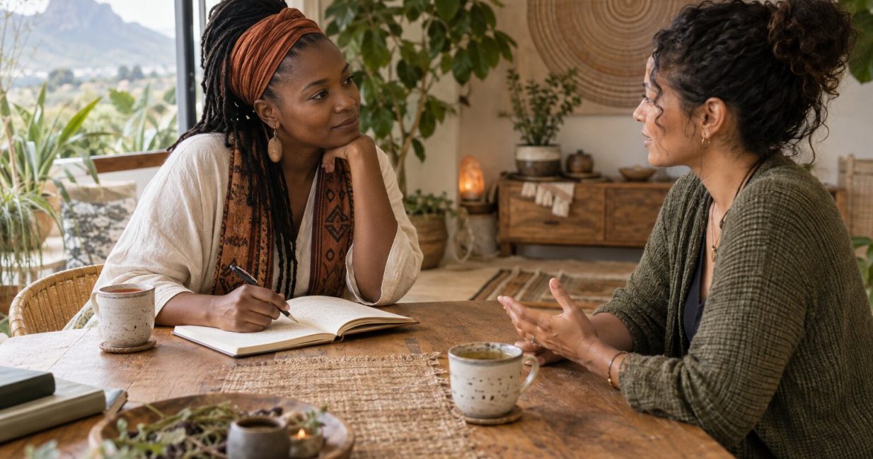 Two women having a calm holistic health consultation in a warm natural setting