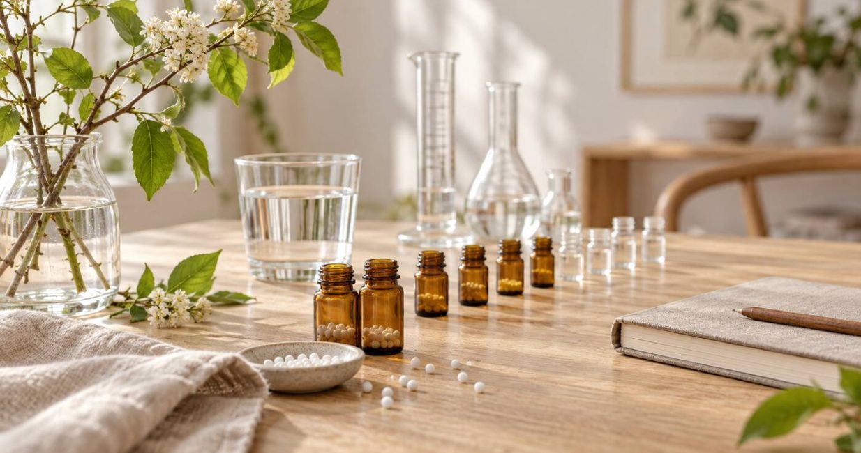 Unbranded amber homeopathic vials and dilution glassware on a calm consultation desk
