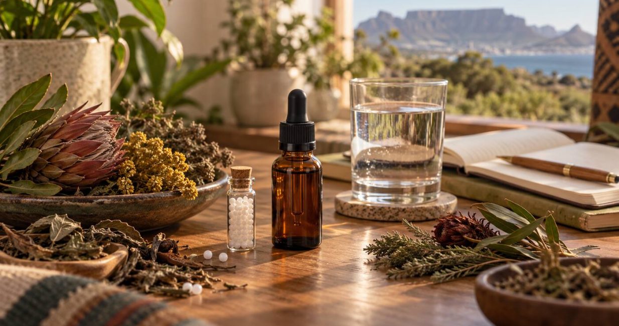 Homeopathic remedy vial and herbal tincture displayed with botanicals on a consultation desk