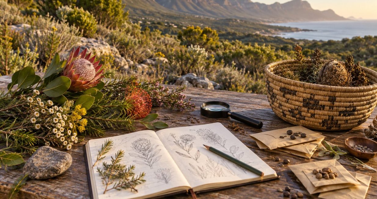 South African fynbos specimens, botanical notebook and hand lens used for ethnobotanical study