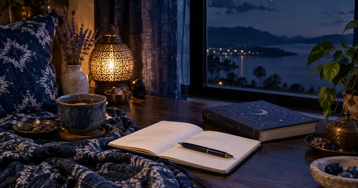 Indigo-toned evening room with journal, herbal tea, soft lamp and crescent moon outside