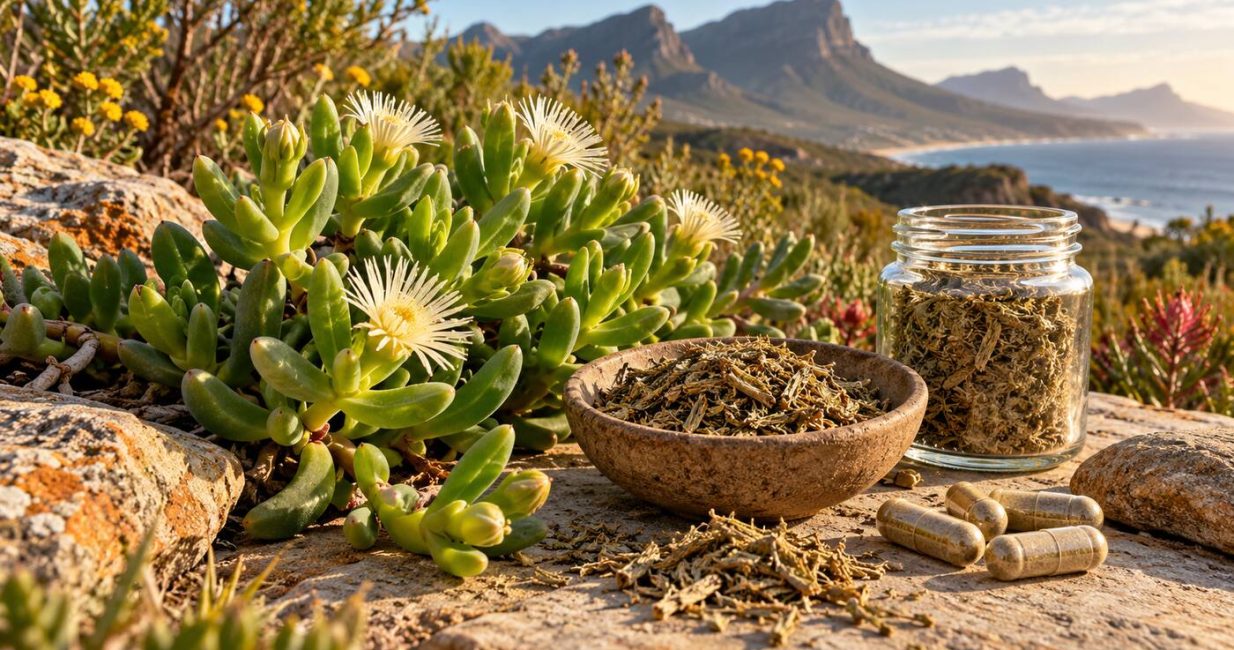 Sceletium succulent, dried plant material and unbranded capsules in a South African landscape