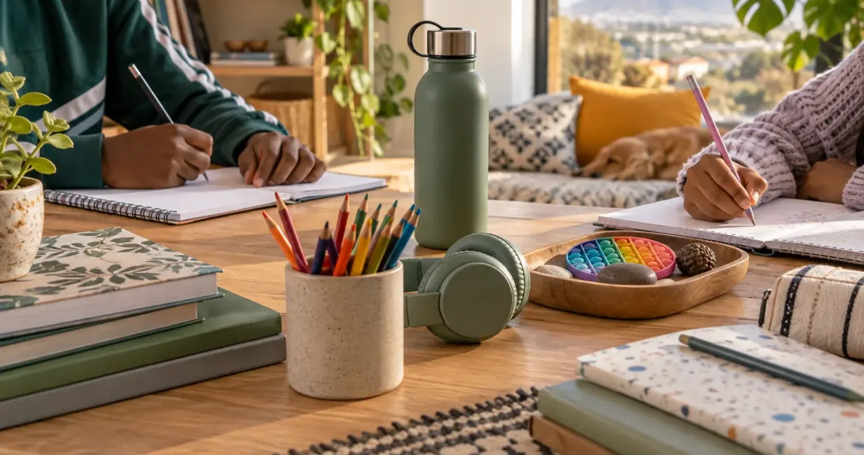 Calm study space with notebooks, headphones, sensory tools and a water bottle for children and teenagers