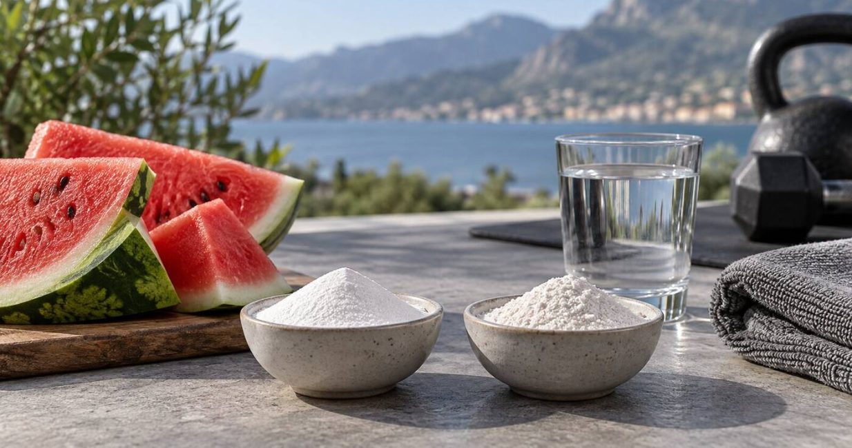 Watermelon, two bowls of supplement powder and exercise accessories comparing citrulline forms