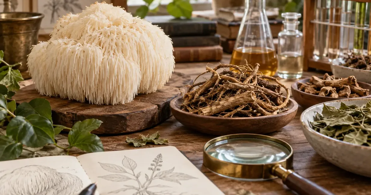 Lion’s Mane mushroom and dried Synaptolepis kirkii botanical material on an evidence-review worktable