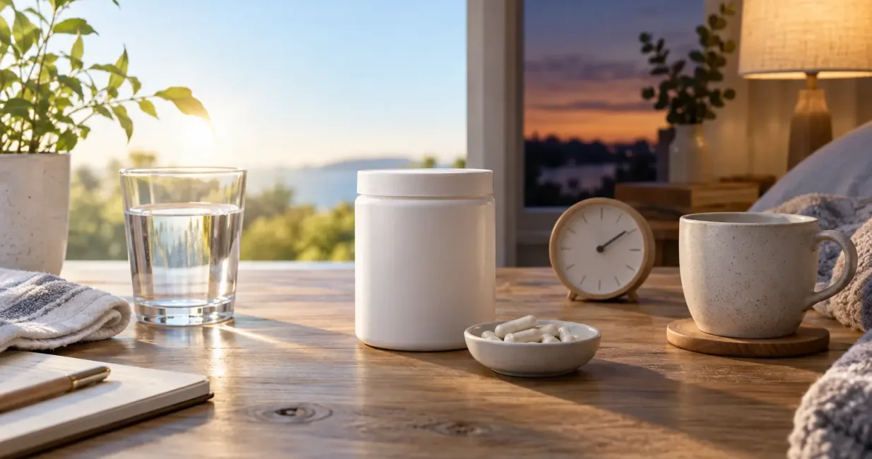 An unlabelled magnesium jar between a bright morning glass of water and a calm evening bedside cup