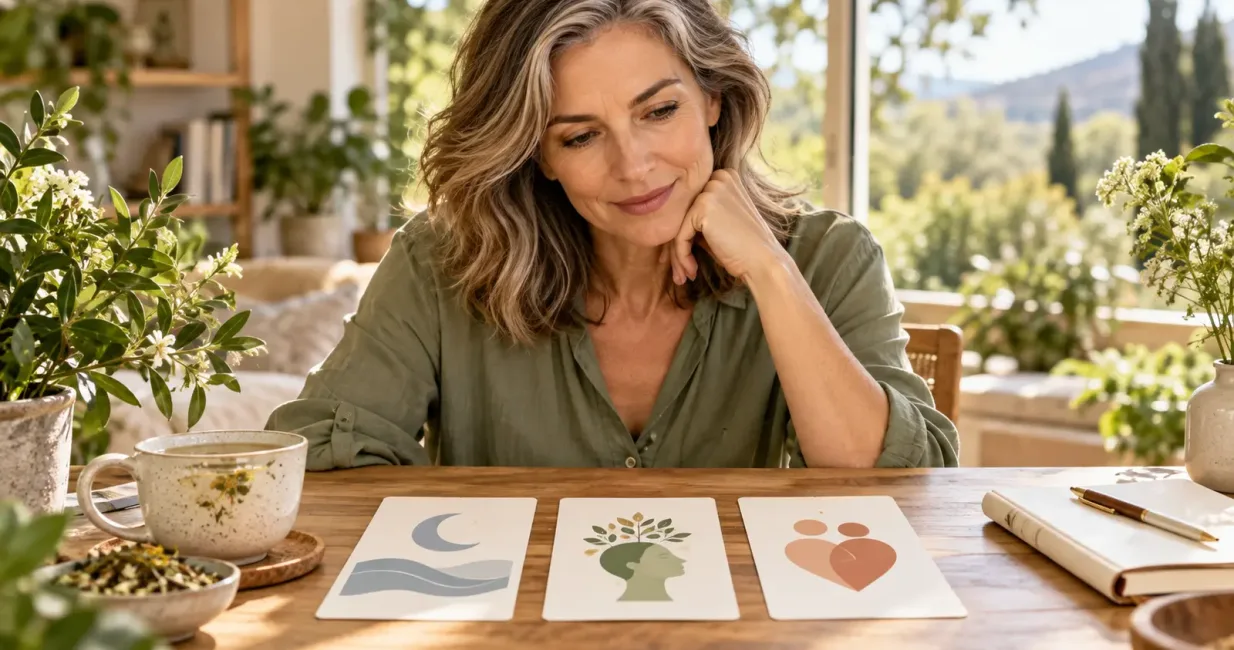 Midlife woman considering sleep, attention and intimacy as three separate wellbeing concerns