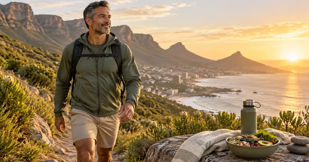 Mature man walking outdoors with water bottle and resistance band