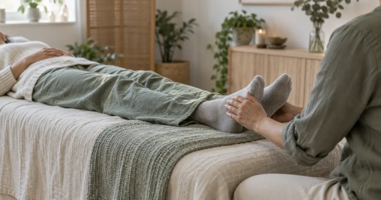 A fully clothed adult receiving light touch near the feet in a calm professional treatment room