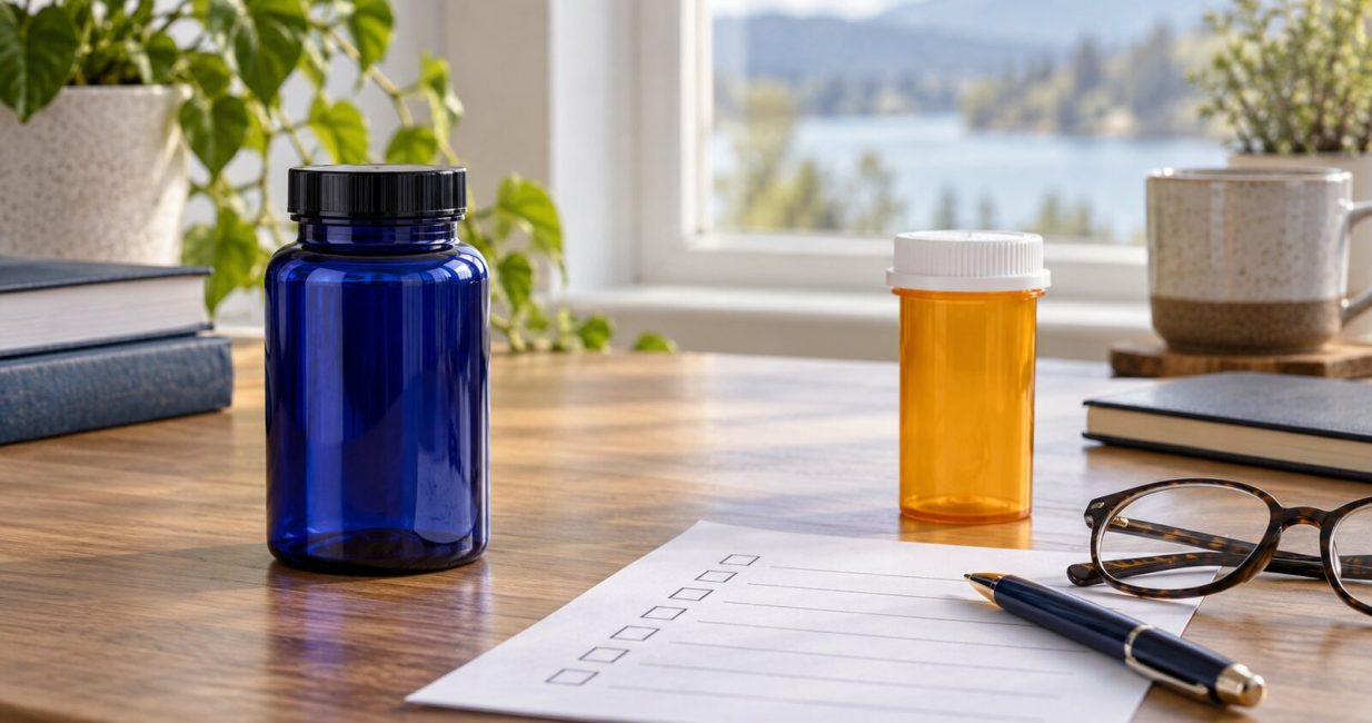 Separate methylene blue and prescription bottles beside a medication safety checklist