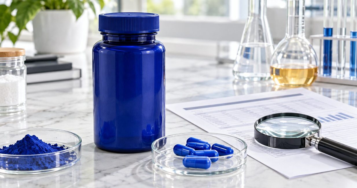 Unbranded blue capsules, quality document and laboratory glassware on a clean workbench