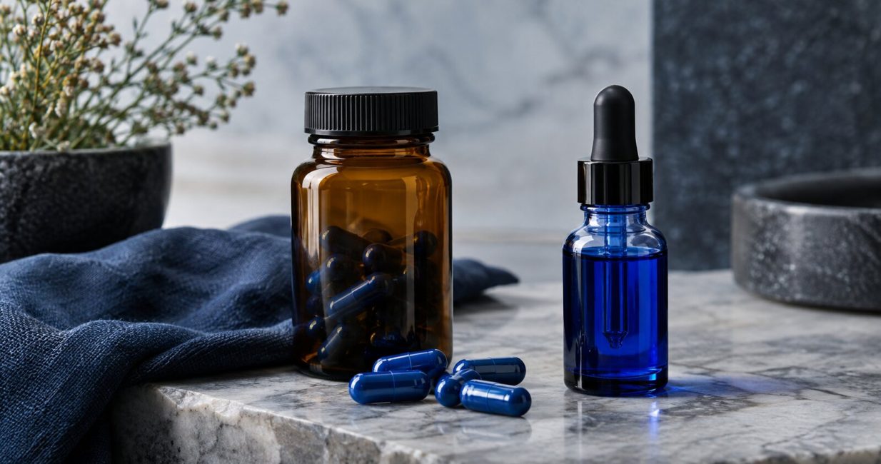 Blue capsules and liquid methylene blue in unbranded amber and dropper bottles