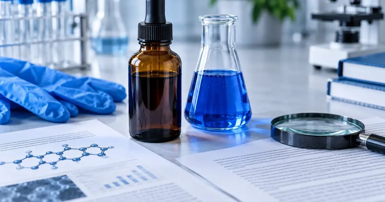 Amber bottle and blue laboratory solution beside research papers, gloves and magnifying glass