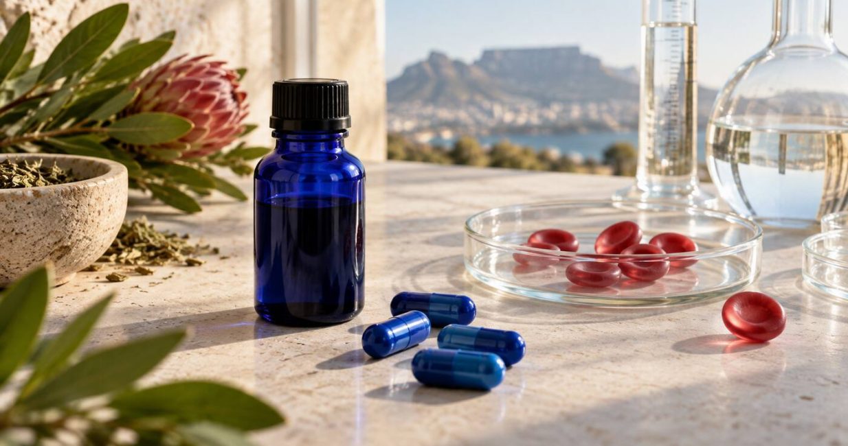 Cobalt-blue bottle and capsules with an abstract red-blood-cell motif in a calm South African wellness setting