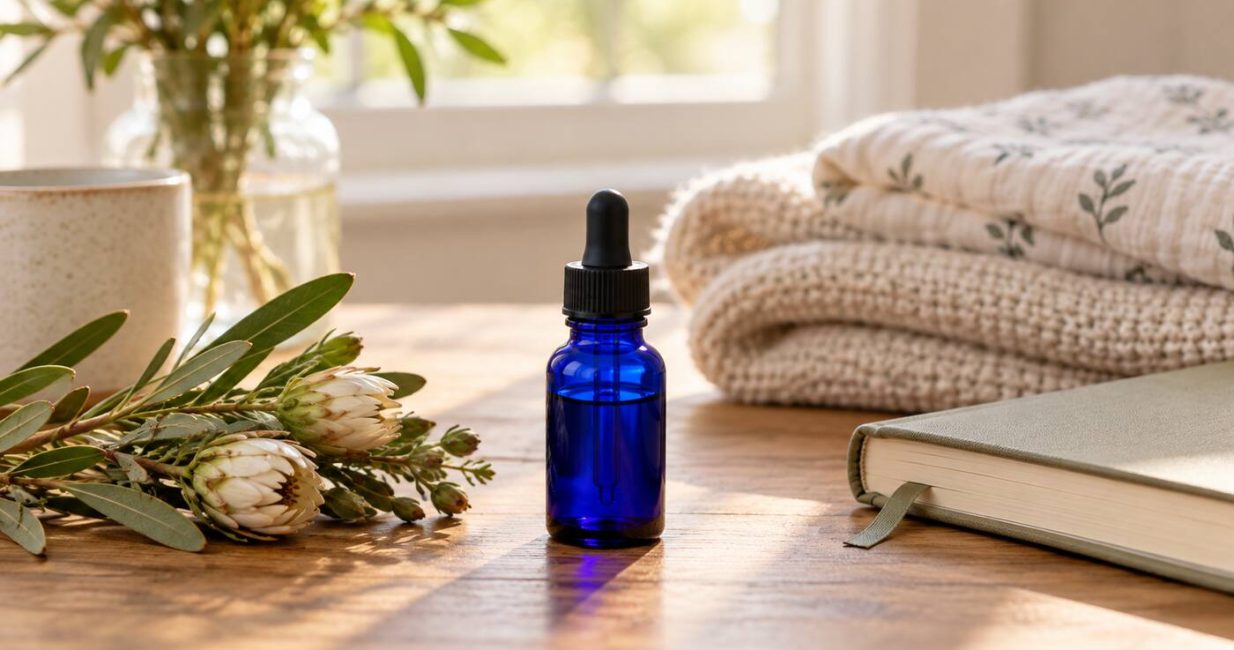 Unbranded cobalt-blue dropper bottle beside fynbos, a journal and a folded baby blanket