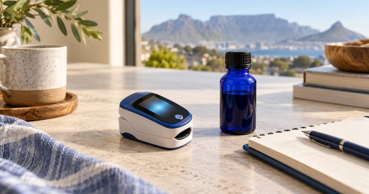 Pulse oximeter beside an unbranded cobalt-blue bottle in a calm South African setting