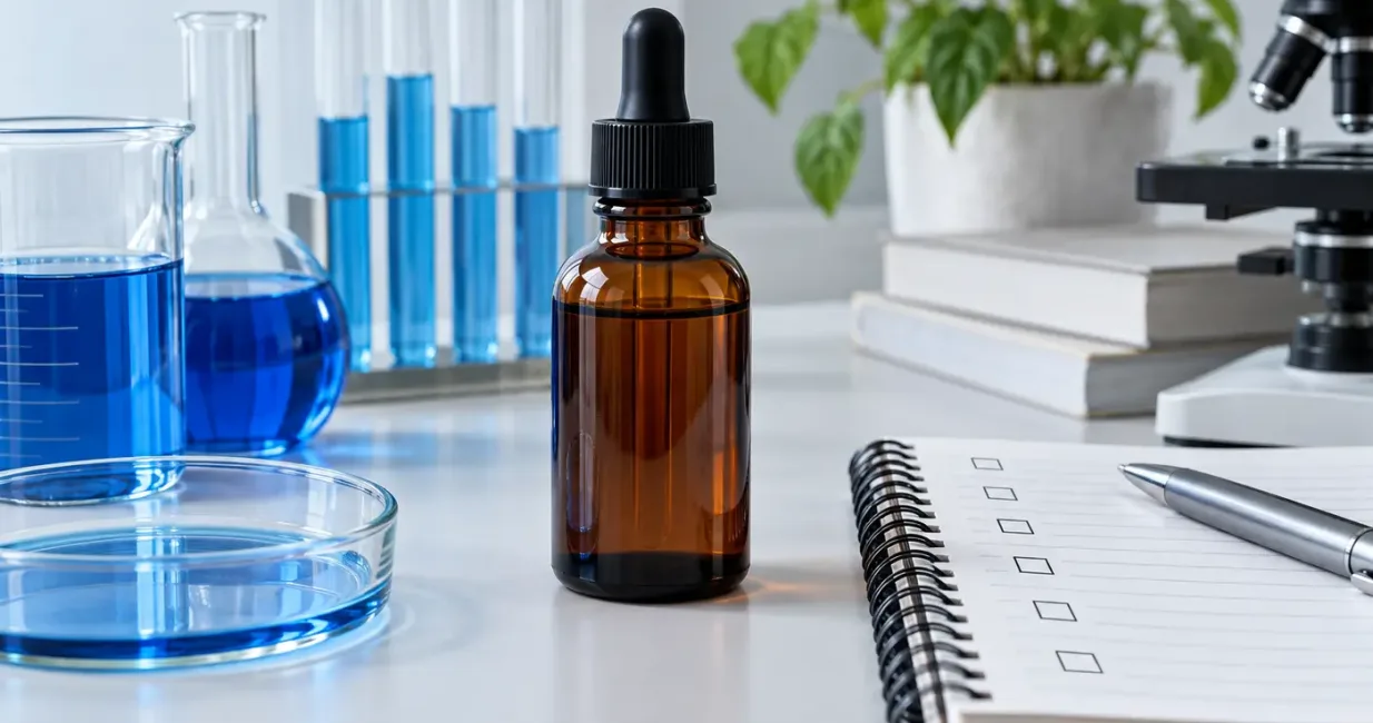 Unlabelled amber dropper bottle with blue laboratory glassware and a checklist notebook