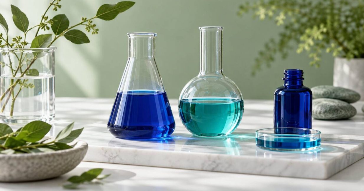 Blue and turquoise liquids in glassware illustrating methylene blue pigment and urine colour