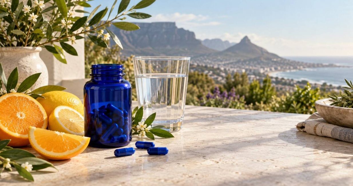 Blue supplement bottle, capsules, citrus fruit and water in a South African landscape setting
