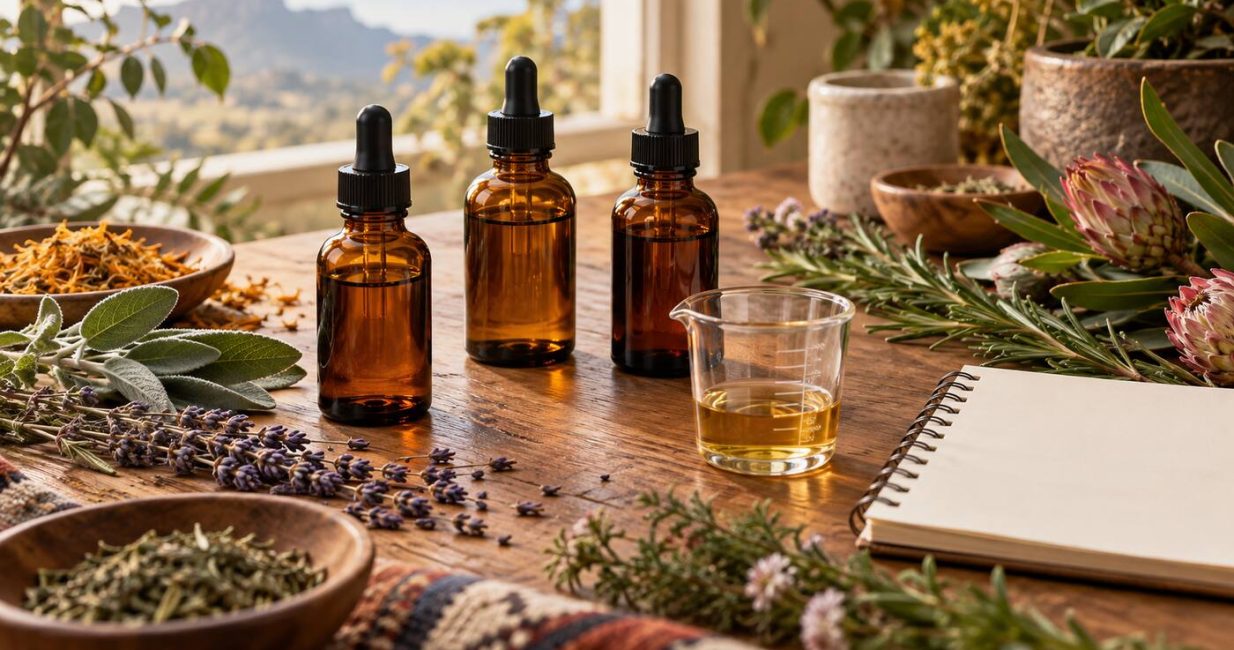 Three unbranded amber tincture bottles with herbs, a measuring glass and a blank notebook