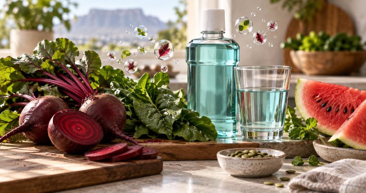 Fresh beetroot, leafy greens and watermelon beside an unbranded mouthwash bottle