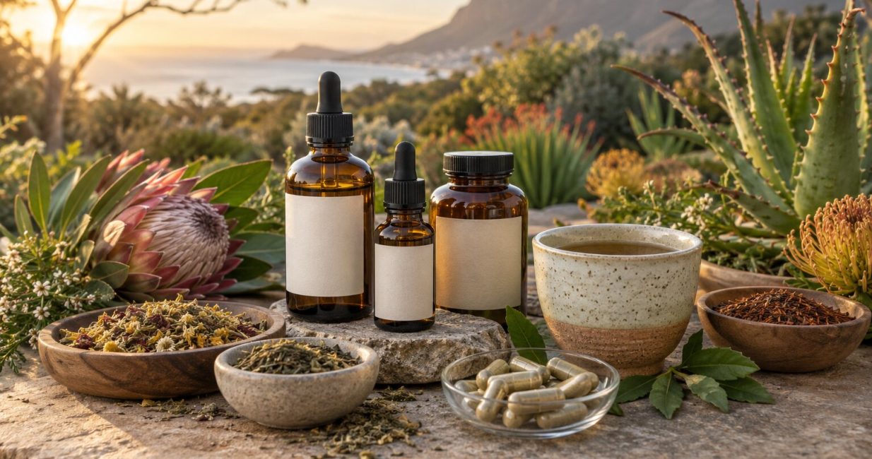 Herbal tinctures, botanical teas and supplements arranged in a South African garden setting
