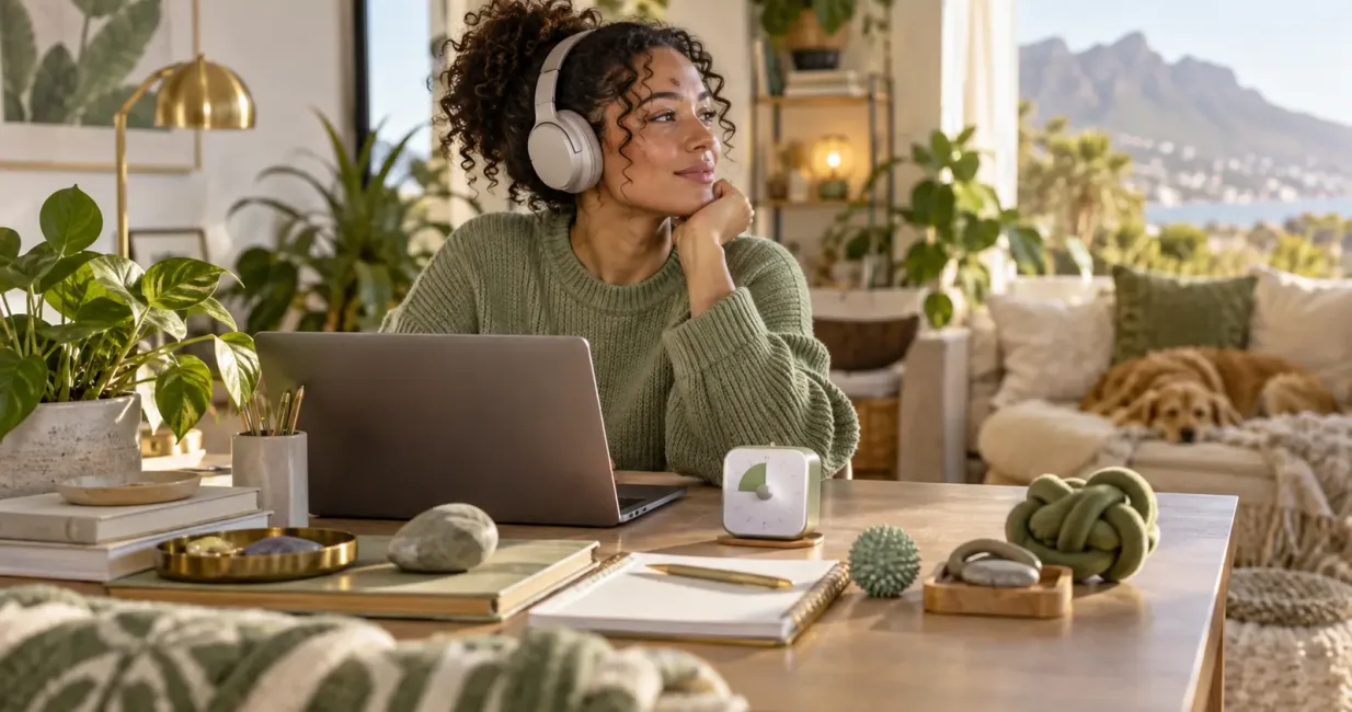 Calm flexible workspace with headphones, notebook and sensory tools