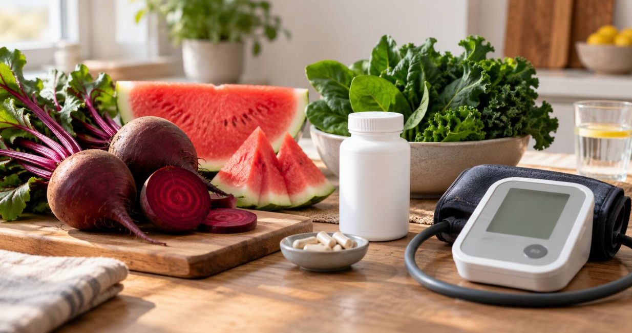 Beetroot, watermelon, leafy greens, capsules and a home blood-pressure cuff
