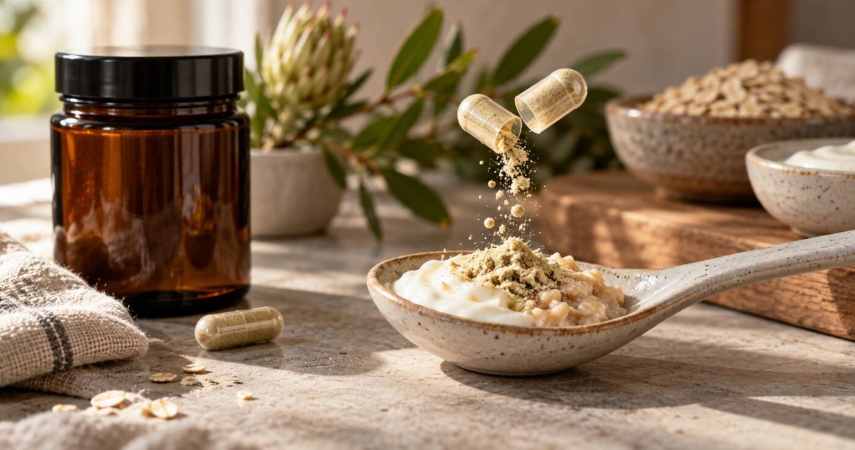 Opened supplement capsule over soft food with an unbranded amber jar in a sunlit kitchen