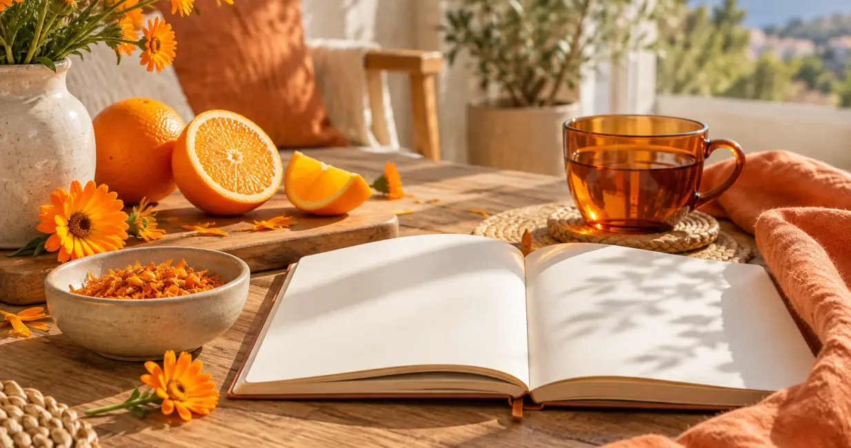 Oranges, calendula flowers, amber tea and a blank journal in a warm sunlit setting