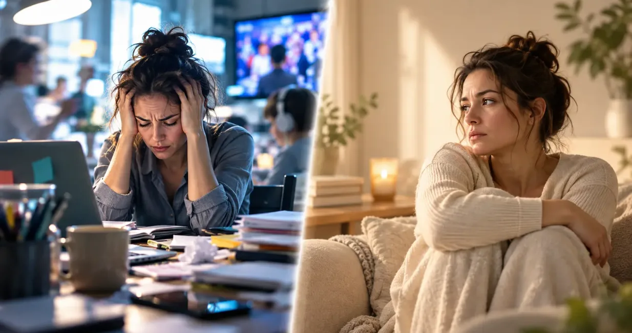 Split scene comparing sensory overstimulation in a busy room with internal anxiety in a quiet room
