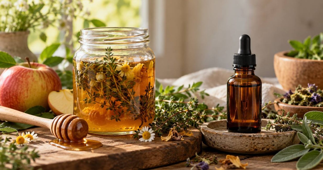 Golden honey-and-vinegar herbal oxymel beside an amber tincture dropper bottle