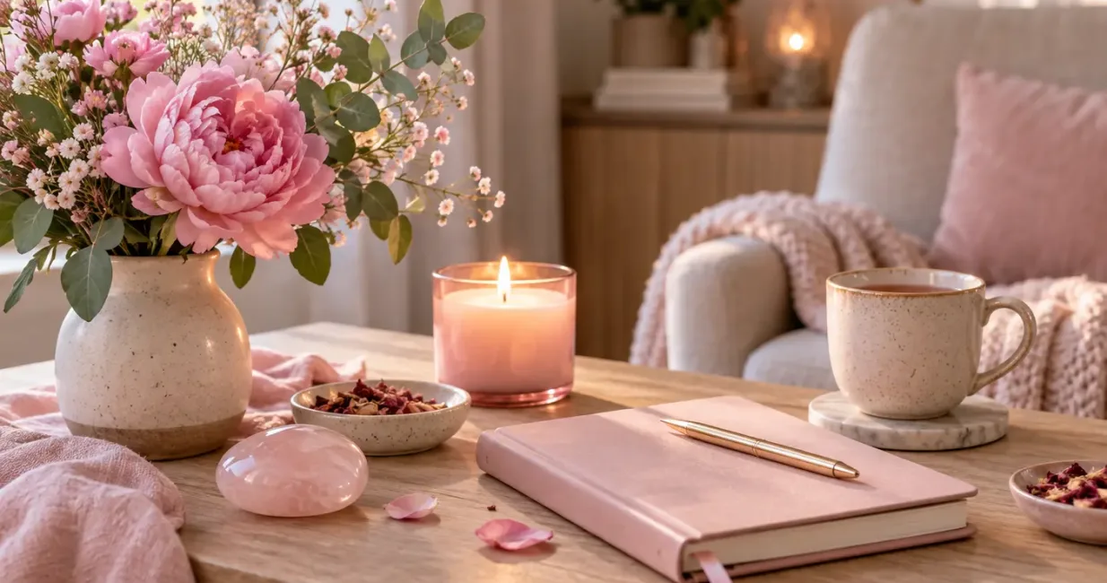 Pink flowers, journal, candle, tea and smooth pink stone in a calm room