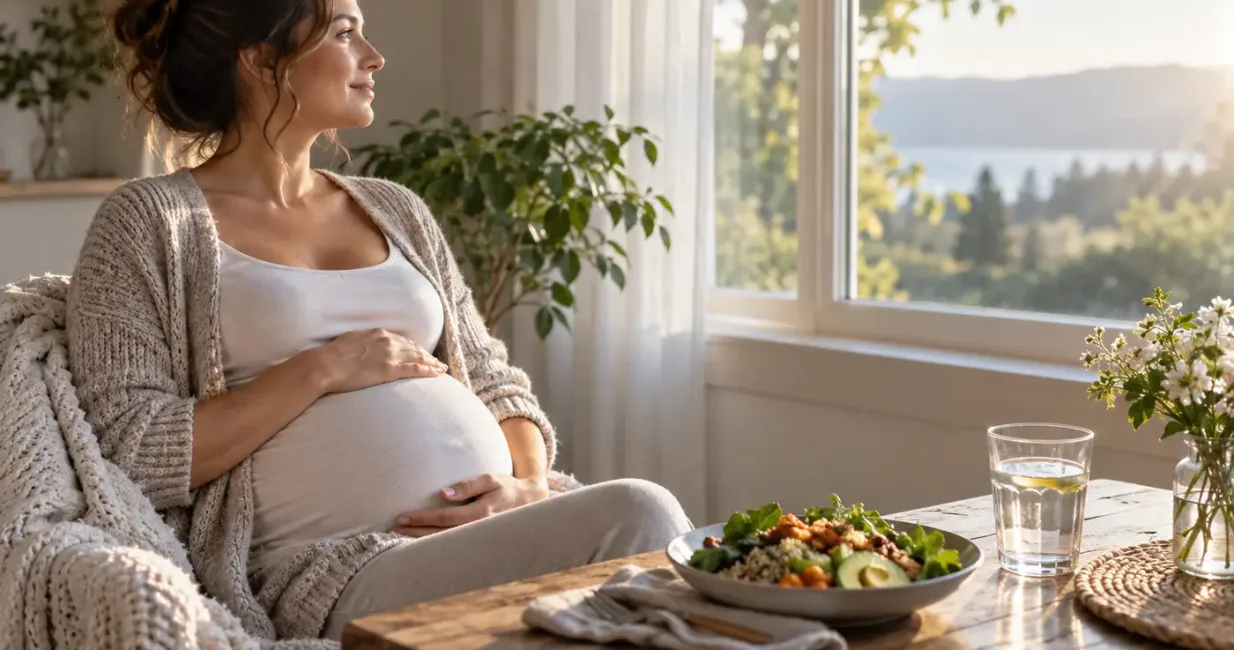 Pregnant adult resting beside a nourishing meal and water in gentle morning light