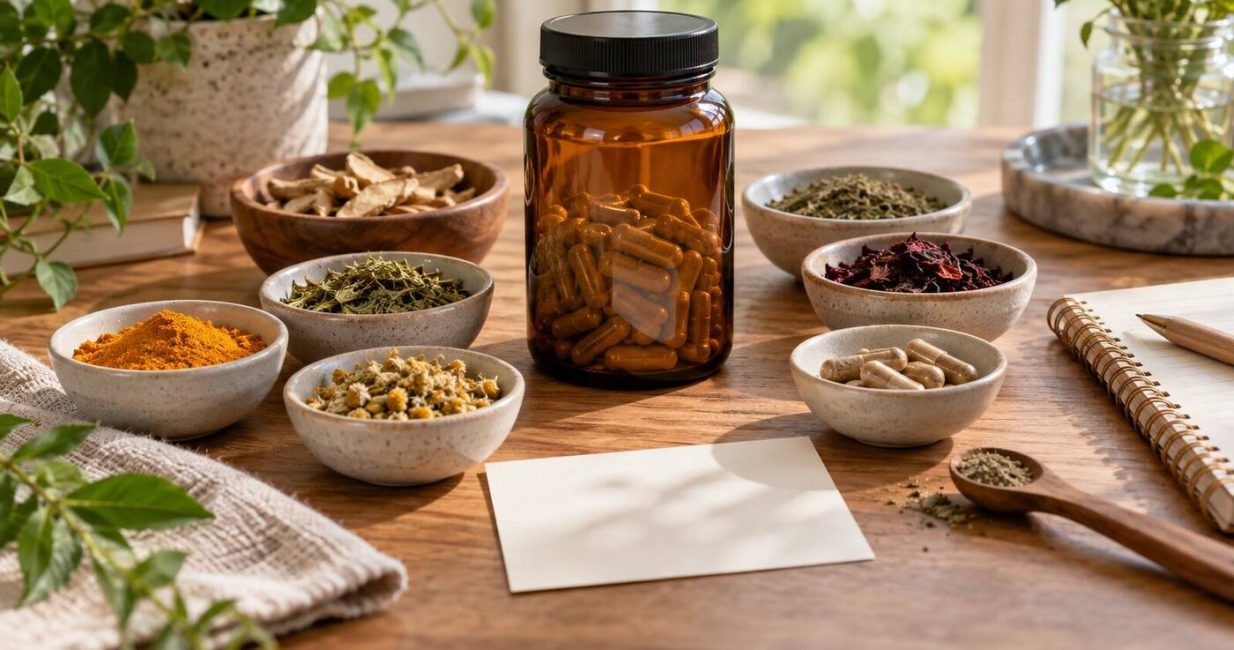 Unbranded supplement jar with measured botanicals, capsules and a blank ingredient card
