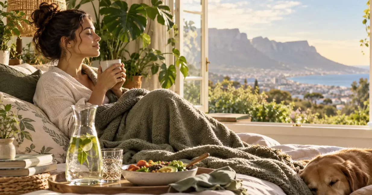 Restful recovery scene with water, nourishing food, blanket and walking shoes