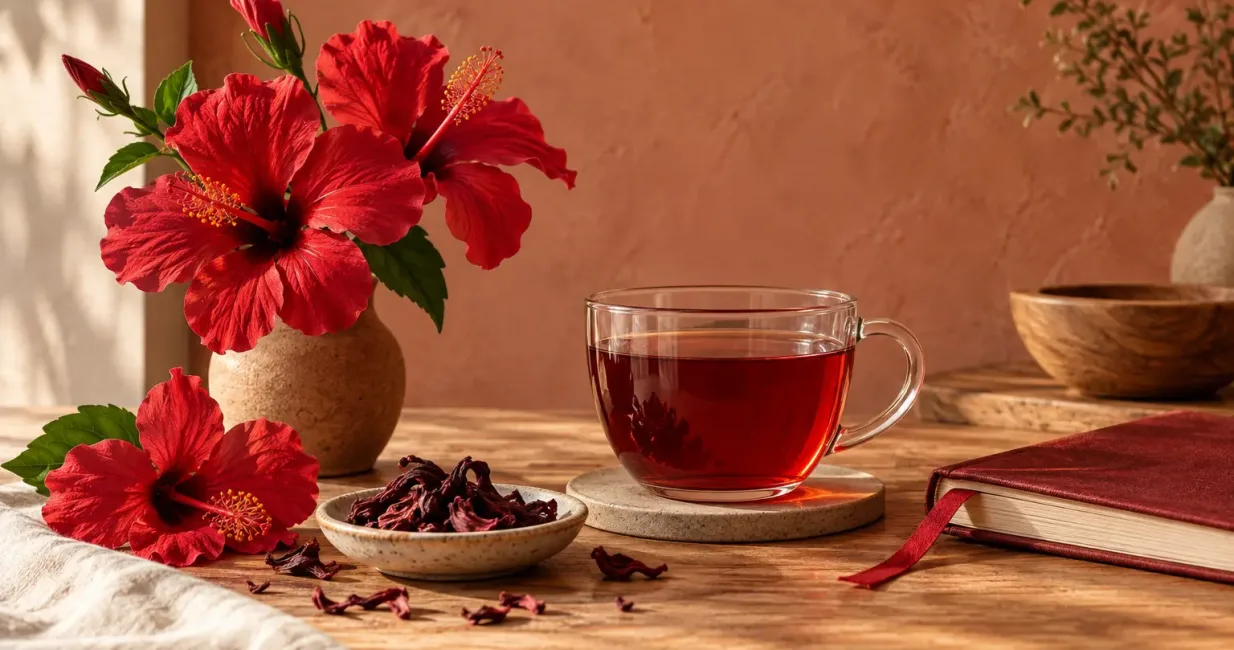 Red hibiscus flowers, hibiscus tea and a journal arranged for a grounded colour ritual