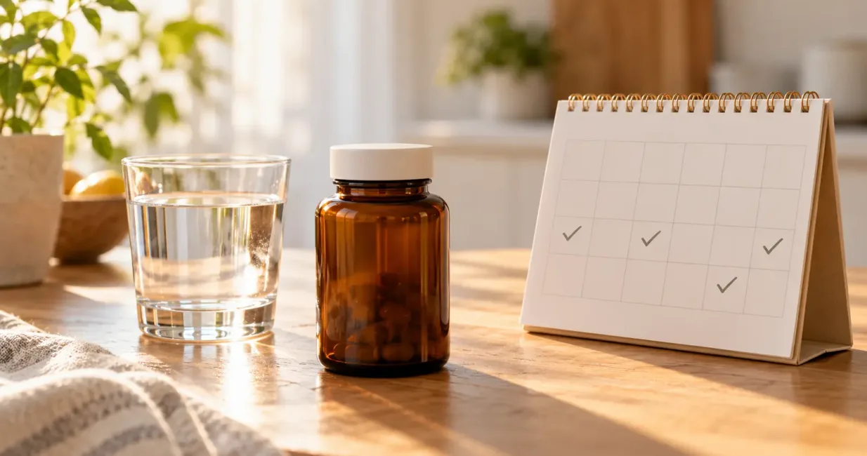 Unbranded supplement bottle, water and a blank calendar on a kitchen table