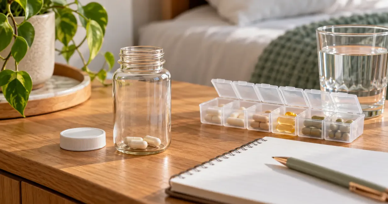 Nearly empty supplement bottle beside an organiser, notebook and water