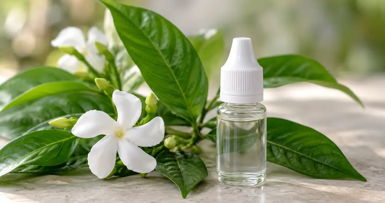 Closed unlabelled eye-drop bottle beside glossy green botanical leaves on a clean surface