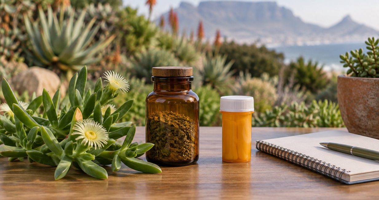 Sceletium succulent beside separate botanical and prescription containers for interaction awareness