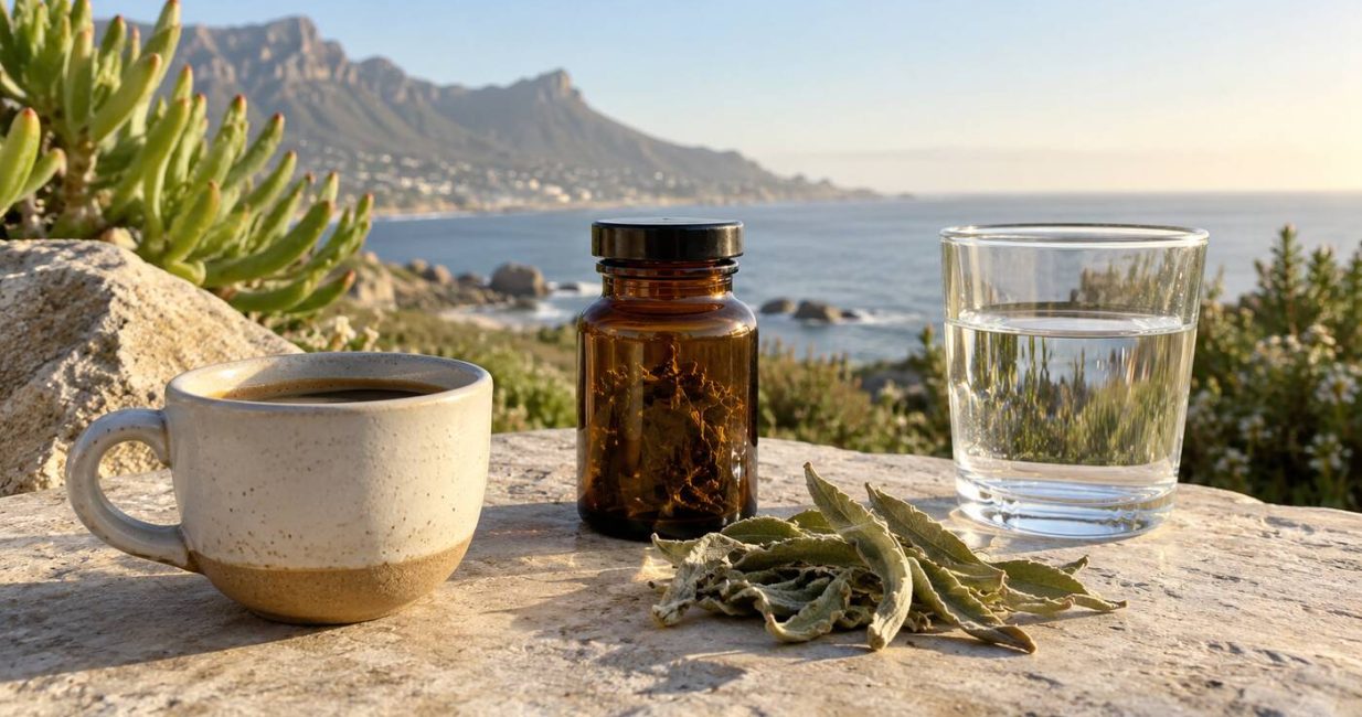 Coffee, an amber botanical bottle, Sceletium leaves and water overlooking the Cape coast