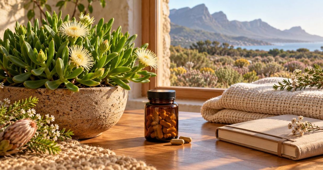 Flowering Sceletium succulent and an unbranded capsule jar set apart from a folded baby blanket