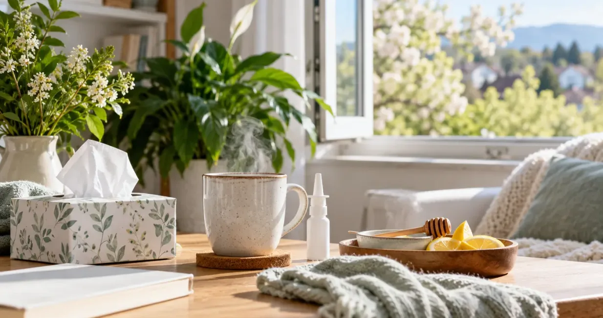 Bright spring room with tissues, saline spray, warm drink and an open window