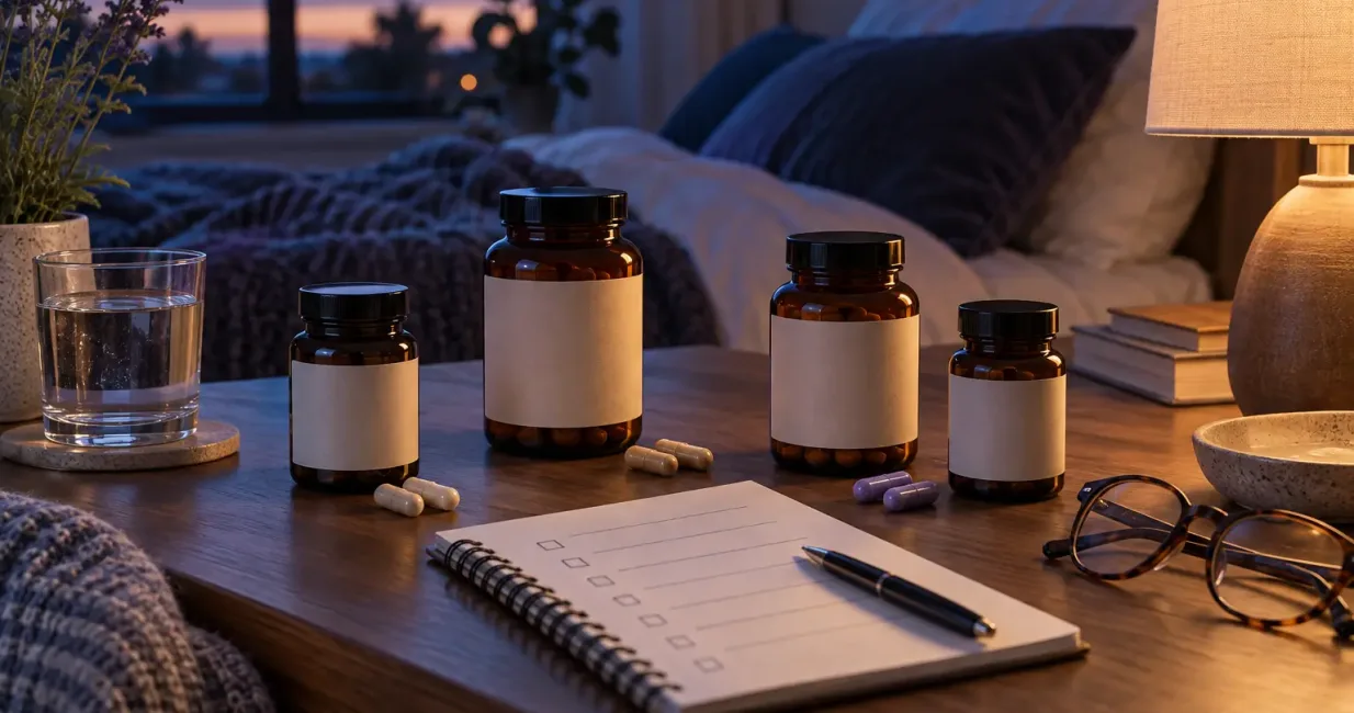 Unlabelled supplement jars beside a nighttime ingredient checklist, water and reading glasses