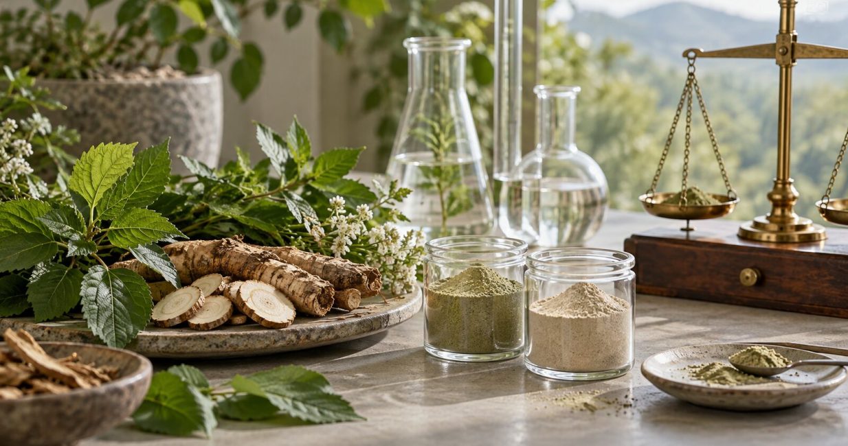Whole botanicals and measured herbal extracts beside laboratory glassware