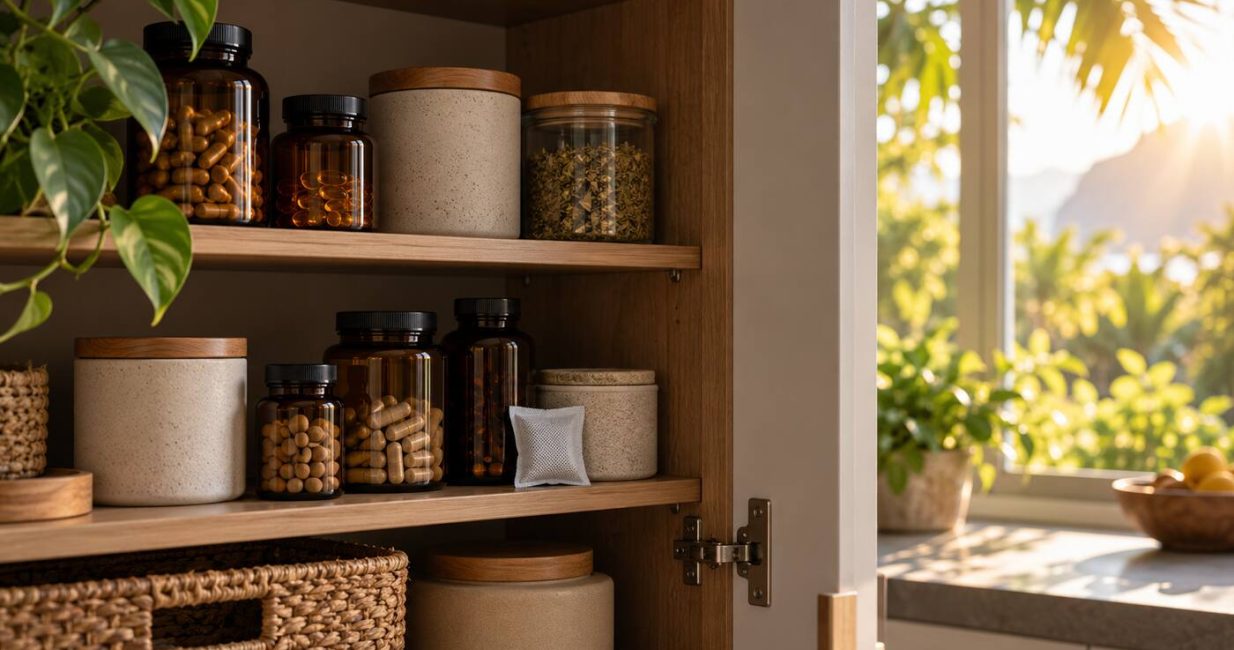 Sealed supplement bottles and jars stored inside a cool cupboard away from bright sunlight